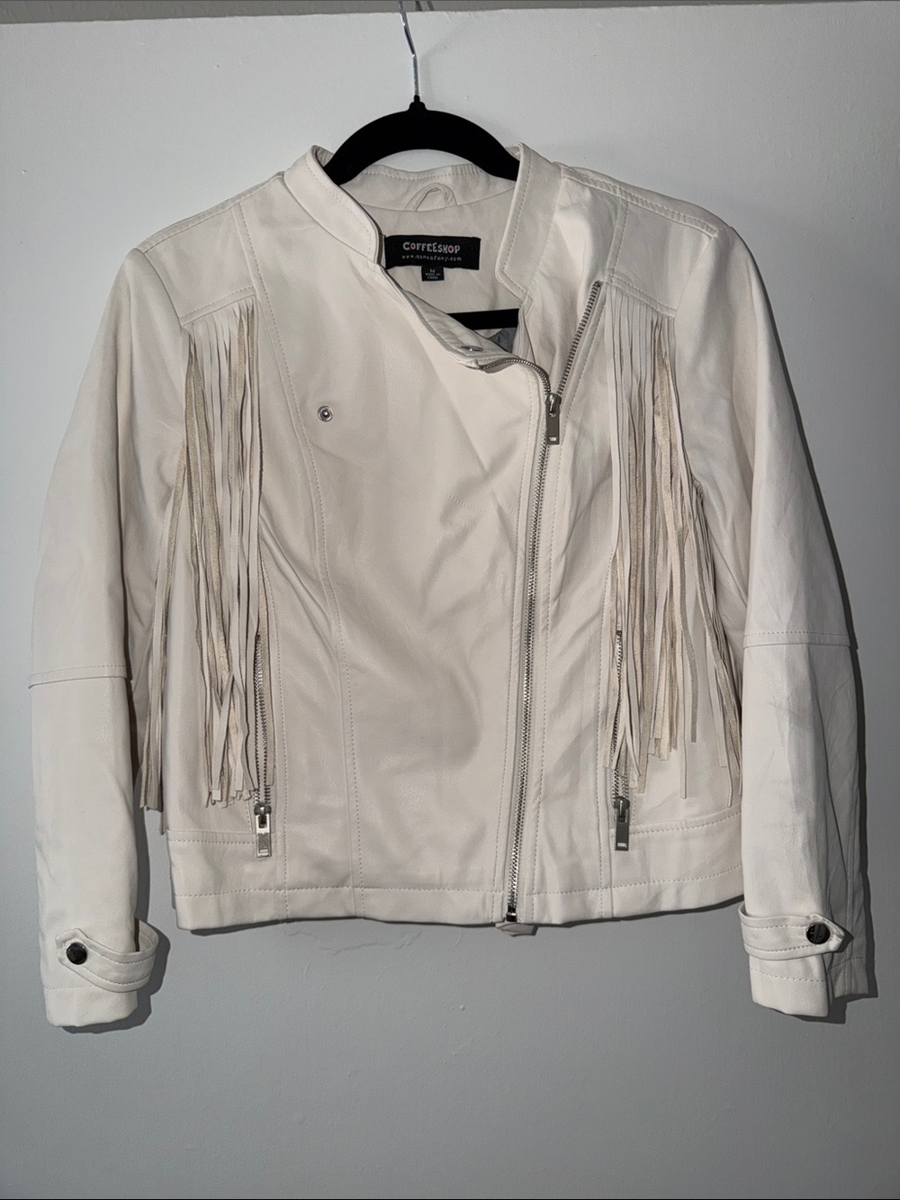CoffeeShop Ivory Fringe Asymmetrical faux Leather Jacket M